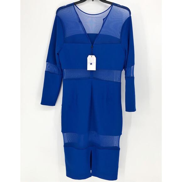 DRESS THE POPULATION Ilaria Dress XXL Blue Long Sleeve Midi Mesh Cut-Outs NWT - Picture 7 of 13